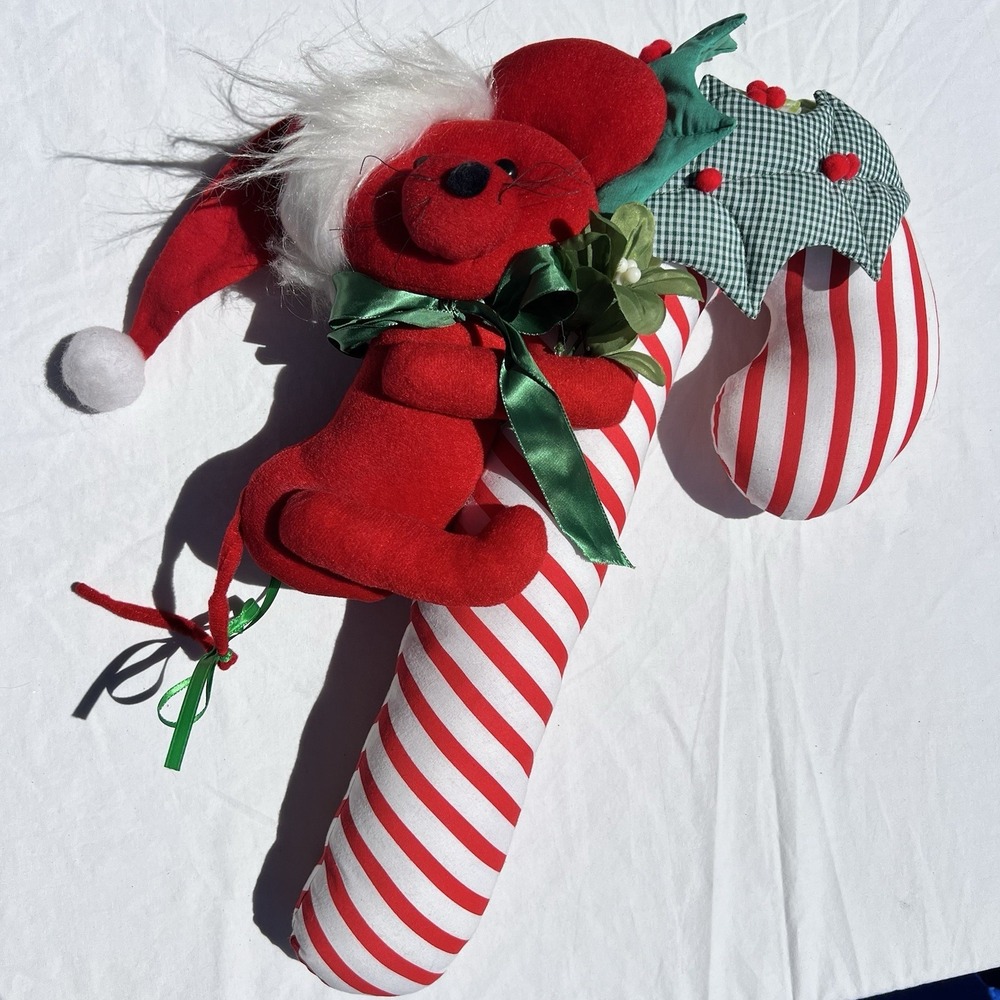 Vintage Christmas Mouse Candy Cane Plush Wall Hanging Decoration Red White 20"